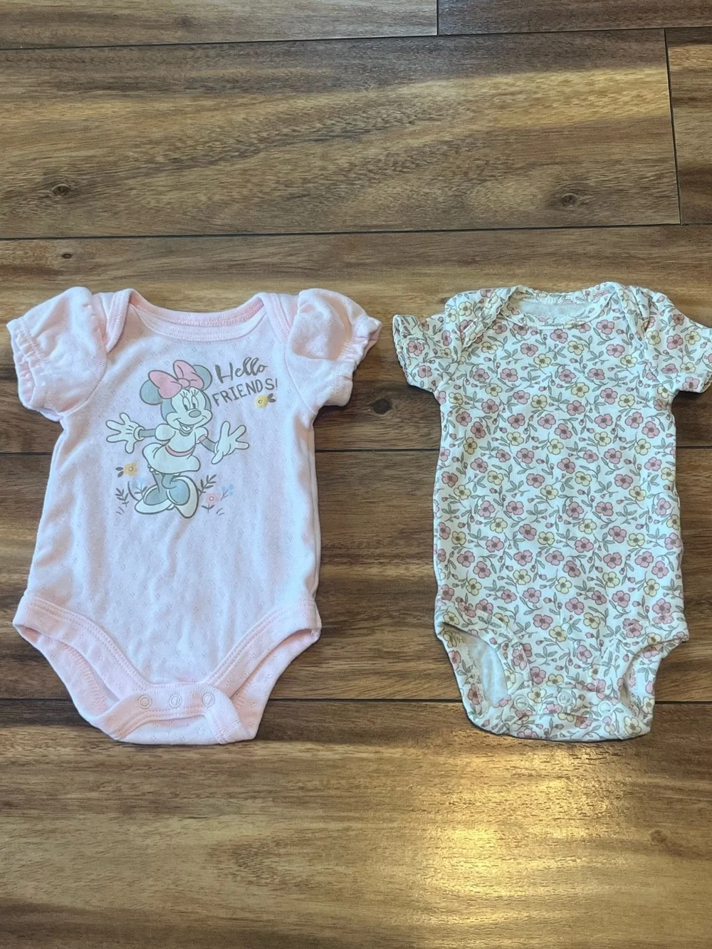 Lot of 2 newborn short sleeve onesies, Disney & carters floral theme girly pink